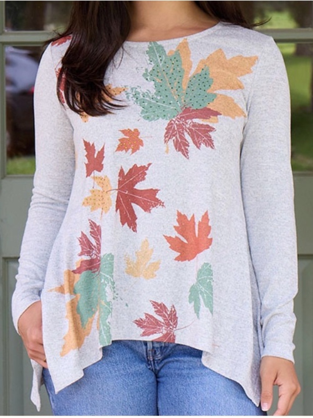 Astrologie Gray Long-Sleeve Autumn Leaf Print Asymmetrical hem Women’s Medium